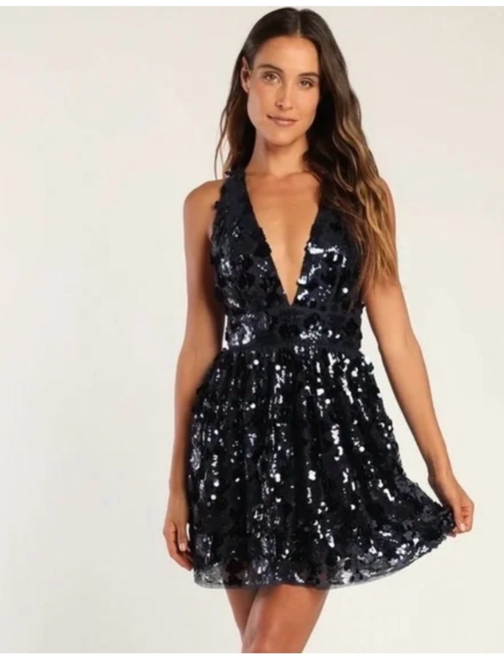 Lulus | Got that Glam Navy Blue sequin Mini Skater Dress Twist Back XS‎